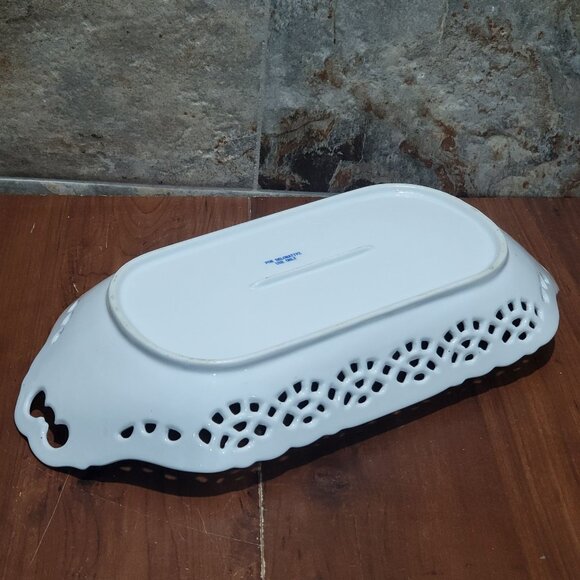 Vintage Cobalt Blue Rim & Pink Rose Porcelain Rectangular Reticulated Scalloped - Picture 6 of 11